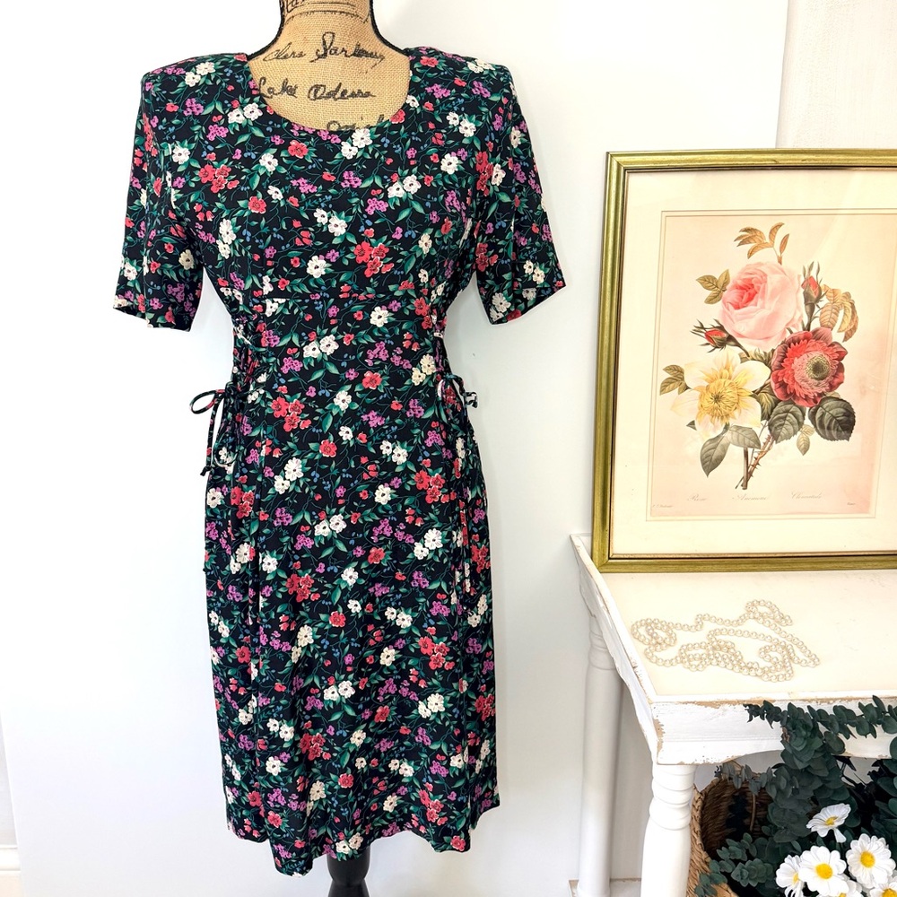 Vintage 80s/90s Midnight Floral Cottagcore Midi Dress by E.D. Michaels Petites